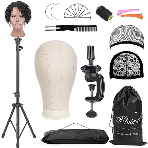 Klvied Reinforced Wig Stand with Mannequin Head, Dual-use 22 Inch Canvas Wig Head Display, Adjustable Clamp Wig Holder, Manikin Head Set for Cosmetology Hairdressing Training with Carrying Storage Bag