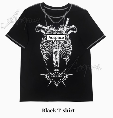 Gothic T-shirt Punk Ribbone Print Top Drop-Shoulder Shirt | Free size / Black T-shirt