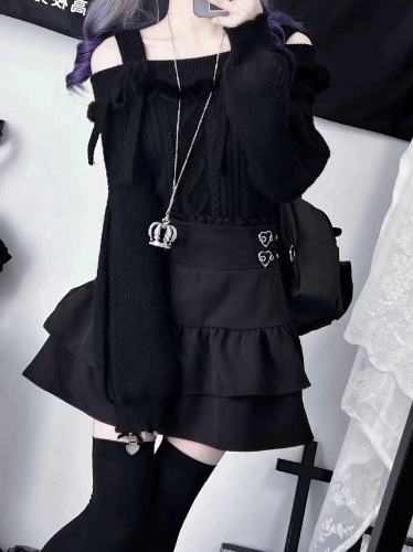 Jirai Kei Sweater Knitted Sweater Off-Shoulder Sweater | L / Black