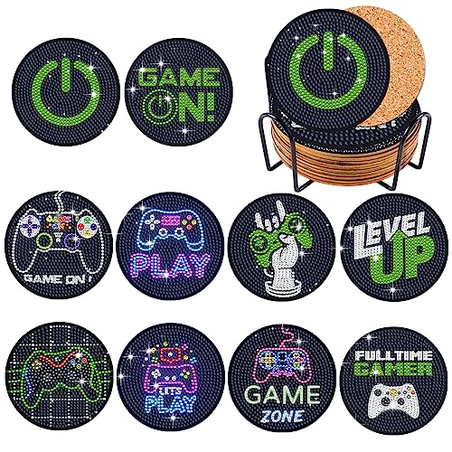 KRUCE 10 PC Video Games Theme Diamond Painting Coasters,Diamond Art Coasters with Holder Teacup and Cork Mat for Beginners Kids Adults Art Craft Supplies - game