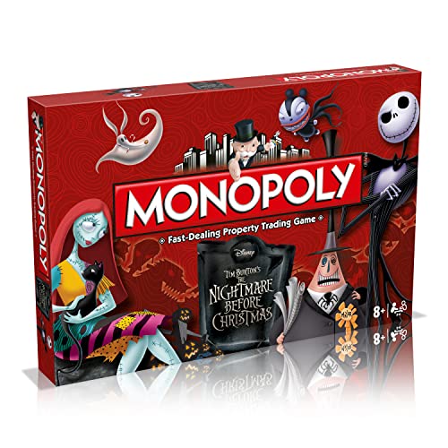 Winning Moves Nightmare Before Christmas Monopoly Board Game, Join the Pumpkin King and advance to the Guillotine Courtyard and Lock, Shock and Barrel’s Treehouse, makes a great gift for ages 8 plus