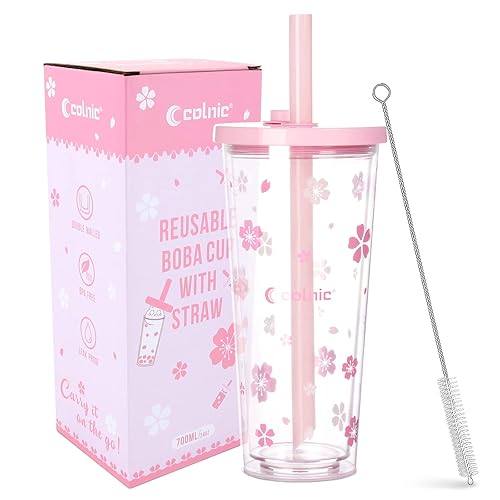 Colnic Reusable Boba Cup With Lids And Straws, 24Oz/700ml Smoothie /Iced Coffee Cup, Leakproof Kawaii Cup Tumbler With Boba Reusable Straw,Double Wall Clear Insulated Bubble Tea Cup - Pink