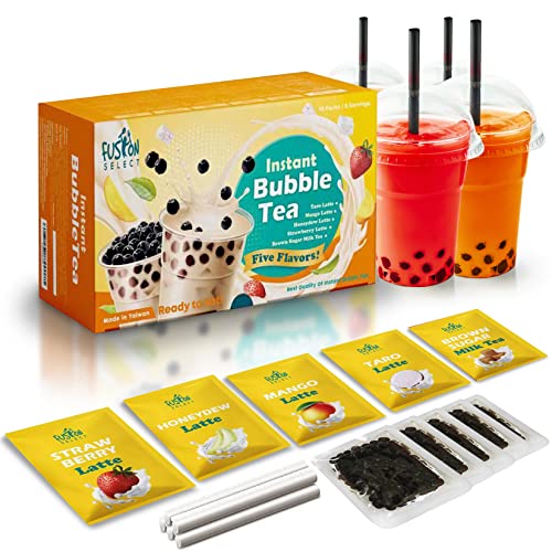 Fusion Select 5 Packs Bubble Tea Kit Flavors Taro, Mango, Honeydew, Strawberry Boba Tea Kit Set Extra Rich Boba Tea Drinks, Boba Tapioca Pearl, Boba Straws - Mix Fruity