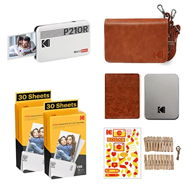 KODAK Mini 2 Retro 4PASS Portable Photo Printer (2.1x3.4 inches) Initial 8 Sheets + 60 Sheets + Gift Bundle, White