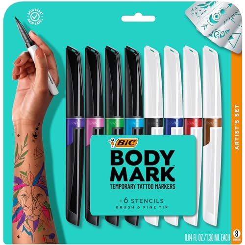 BIC BodyMark Temporary Tattoo Markers for Skin, Artist's Set, Mixed Tip, 8-Count Pack of Assorted Colors, Skin-Safe, Cosmetic Quality - Artist's Set