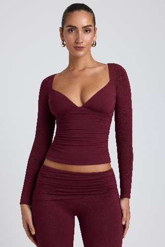 Modal Ruched Long-Sleeve Top in Plum | S