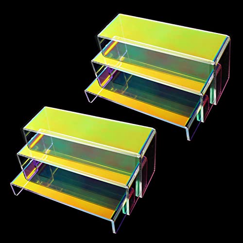 3 Tier Acrylic Riser Display Shelf Cupcake Stand for Amiibo Funko POP Figures,Perfume & Cologne Organizer,Desserts Holder,Jewelry Display Shelf Risers for Décor (Iridescent 2 Sets of 3-Pack) - Iridescent 2 Sets of 3-Pack