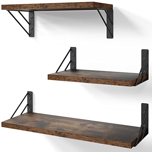 BAYKA Wall Shelves for Bedroom Decor, Floating Wall Shelves for Living Room Kitchen Storage, Wall Mounted Rustic Wood Floating Shelves for Kids Books, Small Shelf for Bathroom(Rustic Brown，Set of 3) - Rustic Brown