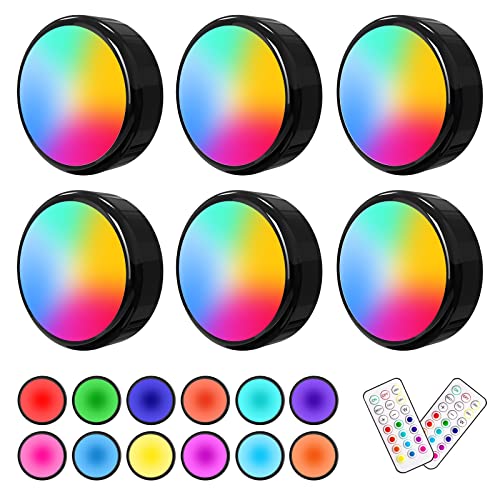 Puck Lights with Remote, ILYXY 6 Pack LED Under Cabinet Lighting Dimmable Push Lights Battery Operated Wireless Under Counter Lights for Kitchen, Multicolor Transformation Stick On Lights, Shiny Black - Black - 6 Pack