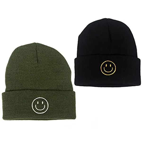 AJG Beanie Hats for Men,Unisex Smile Face Embroidered Acrylic Soft Warm Winter Cuffed Knit Hats for Women