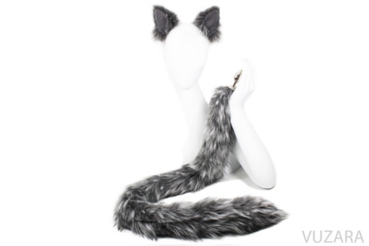 Kitten Tail Butt Plug - 40" Mixed Grey +Kitten Ears Set