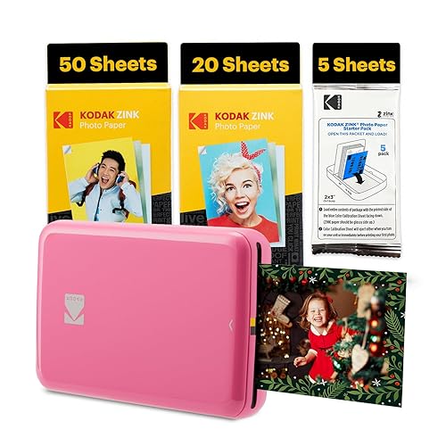 KODAK Step Instant Smartphone Photo Printer - 75 Sheets Bundle - Portable Mini Color Wireless Mobile Printer - Zink 2x3” Sticky-Back Photos - Bluetooth Compatible with Smart Devices - Fun App -Pink - Pink - Printer + 75 Sheets