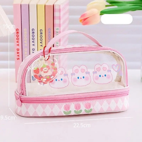 Kawaii Bunny Stationery and Makeup Bag for Cute Organization - Pink + Random Keychain