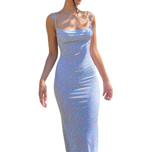 Women Cutout Backless Maxi Dress Sexy Sleeveless Split Cocktail Dresses Bodycon Spaghetti Strap Long Dress Party - Medium - Flower Blue