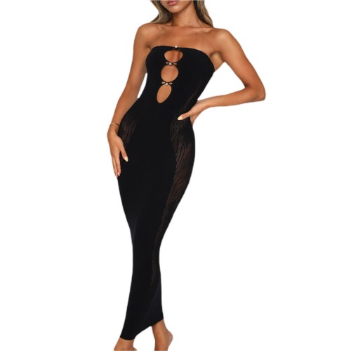 Women Cutout Backless Maxi Dress Sexy Sleeveless Split Cocktail Dresses Bodycon Spaghetti Strap Long Dress Party / Medium Black Strapless