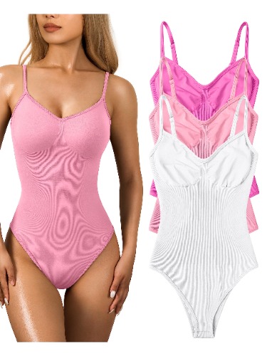 OQQ Women's 3 Piece Bodysuits Sexy Ribbed Sleeveless Adjustable Spaghetti Strips Shapewear Tops Bodysuits - Medium - Rose Candyblue White