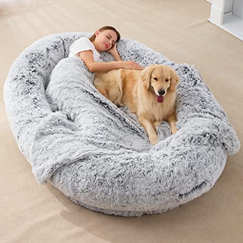 Homguava Large Human Dog Bed 75.5"x55"x12" Human-Sized Big Dog Bed for Adults&Pets Giant Beanbag Bed with Washable Fur Cover,Blanket and Strap, Grey Plush - Large - Grey Plush