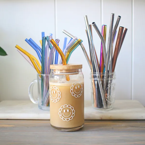 Beer Can Glass Bamboo Lid | Glass Straws | Libbey Beer Can Glass Lid | Metal Straw | Bamboo Mason Jar Lid
