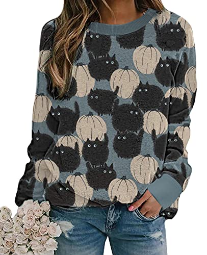 Neyaolk Pumpkin-Sweatshirt Halloween Crewneck Shirt - Cats Graphic Printed Long Sleeve Loose Pullover Top - XX-Large - Light Blue