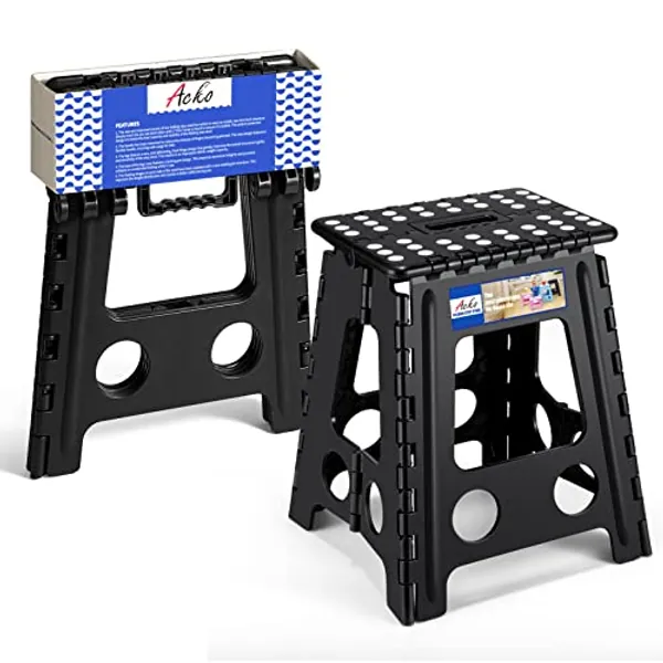 ACKO Folding Step Stool Foldable 16 Inch Stool 400 LB Weight Capacity Plastic Foldable Step Stools for Adults and Kids, Folding Stool Suitable for Kitchen, Stepping Stool with Handle Black Stool 1PC