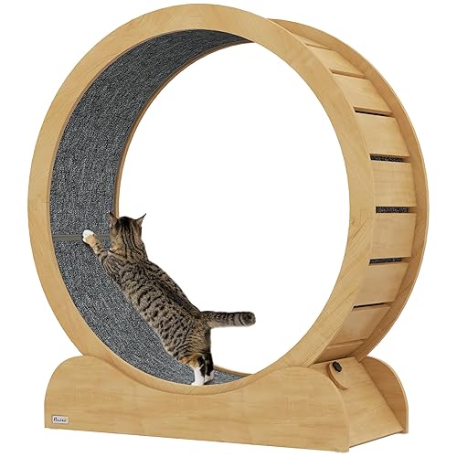 PawHut Cat Treadmill, Cat Exercise Wheel, 39.4 inch Cat Running Wheel with Brake, Carpeted Runway, for Exercise - Natural Wood Finish - 113cm x 36.5cm x 121 cm - Natural wood