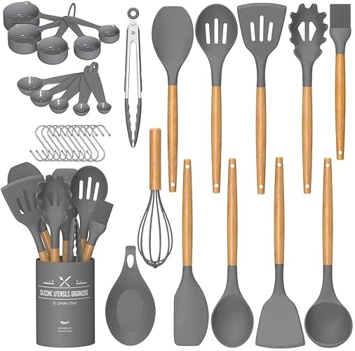 Umite Chef Kitchen Cooking Utensils Set, 24 pcs Non-Stick Silicone Cooking Kitchen Utensils Spatula Set with Holder, Wooden Handle Heat Resistant Silicone Kitchen Gadgets Utensil Set (Gray)