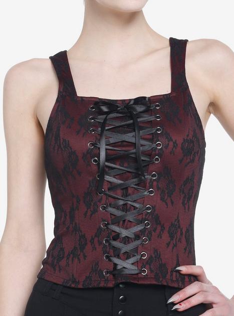 Burgundy & Black Lace-Up Girl Corset Top | Hot Topic