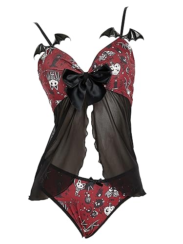 MEOWCOS Women's Nightwear Babydoll Sleepwear Lace V Neck Strap Chemise Halter Lingerie - Black and Red - Small