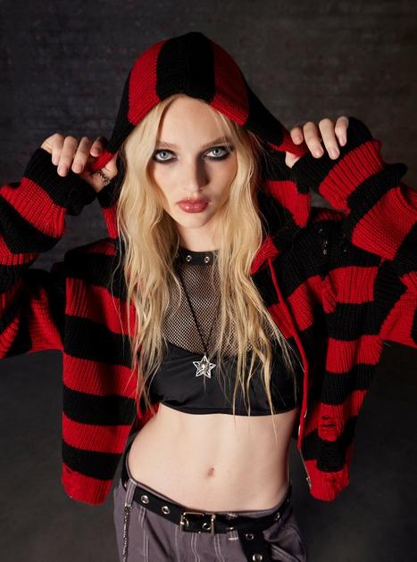 Social Collision Red & Black Distressed Girls Knit Hoodie | Hot Topic