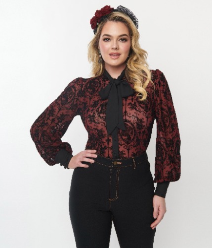 Unique Vintage Burgundy & Black Flocked La Catrina Gwen Blouse | XL/14
