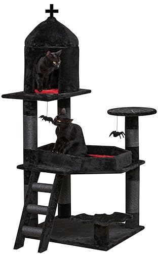 YARUOMY Gothic Cat Tree with Coffin Bed，55" Cat Tower with Spacious Cat Condo，Scratching Posts，Spider Hanging Ball，Multi-Level Cat Activities Furniture for Large Cats, Black Halloween - 55in