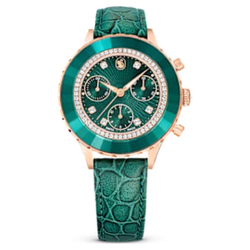Octea Chrono watch, Swiss Made, Leather strap, Green, Rose gold-tone finish