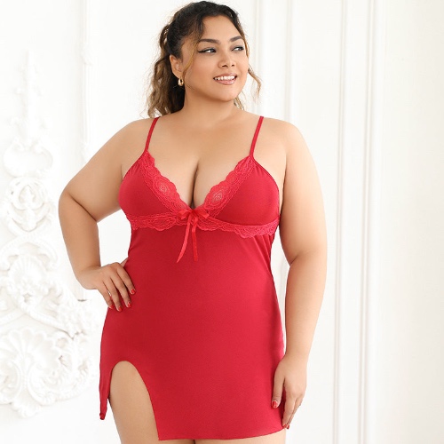 Plus Size Bra Garter Panties Set Steel Ring - One Size / Red