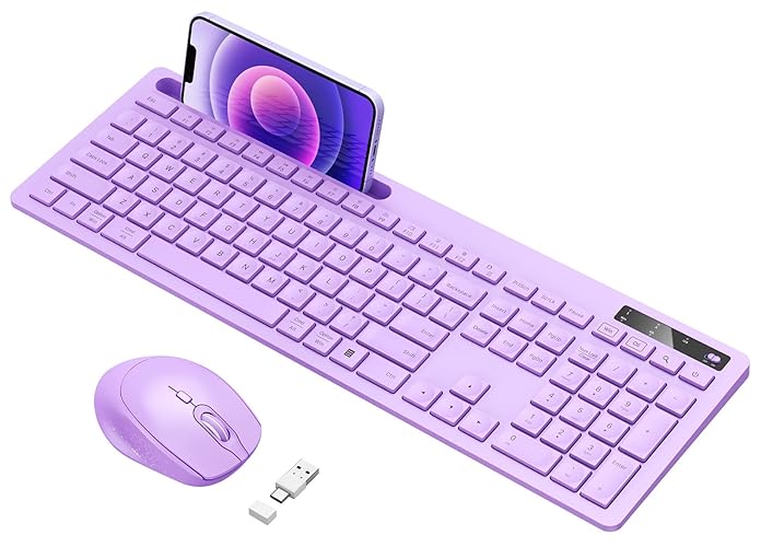 Wireless Keyboard and Mouse for MacBook, Vivefox Purple Wireless Keyboard with Phone Holder, USB A & Type C Receivr, Full-Size Combo for Mac, MacBook/Air/Pro Windows PC Computer - Purple