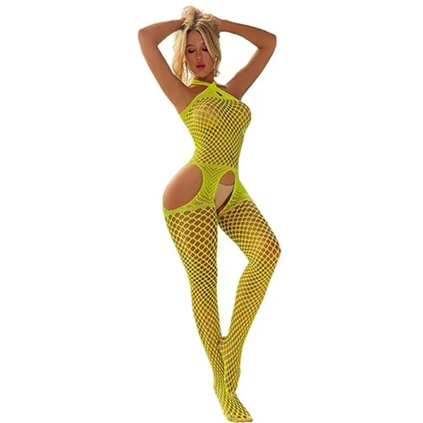 V-Ting Sexy Dessous für Damen Nahtlose Bodystocking catsuit ouvert Women Baby Doll Minikleid Sexy Kleid Fishnet Negligees Lingerie Nachtkleid Sleepwear Im Schritt offen für sex Gelb