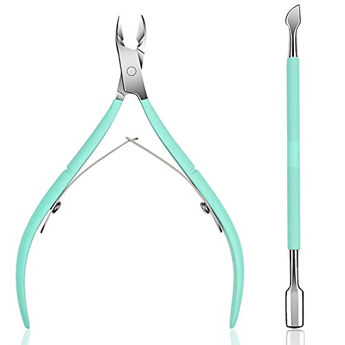 Ejiubas Cuticle Trimmer with Cuticle Pusher Cuticle Nipper Professional Grade Stainless Steel Cuticle Remover Cutter Clipper Durable Pedicure Manicure Tools (Green) - Green