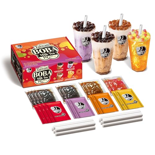J WAY Instant Boba Bubble Pearl Variety Milk Fruity Tea Kit with Authentic Brown Sugar Caramel Tapioca Boba, Ready in Under One Minute, Paper Straws Included - Gift Box - 10 Servings - Variety Pack No.1
