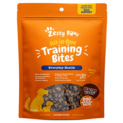Zesty Paws Training Treats for Dogs & Puppies - Hip, Joint & Muscle Health - Immune, Brain, Heart, Skin & Coat Support - Bites with Fish Oil Omega 3 Fatty Acids with EPA & DHA - Bacon Flavor - 12oz… - Bacon - 12 Ounce (Pack of 1)