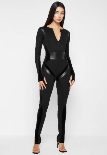 Vegan Leather & Bandage Contour Jumpsuit - Black | US 6 / Black / WMN3094-01