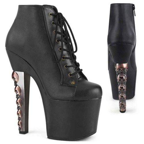 HEX-1005, 7" Skulls Stacked Heel Ankle Bootie By Pleaser