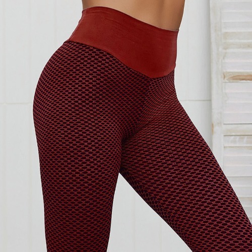 CHRLEISURE Grid Tights Yoga Pants Women Seamless High Waist Leggings Breathable Gym Fitness Push Up Clothing Girl Yoga Pant - Red / S
