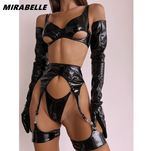 MIRABELLE-Sous-vêtements sensuels en cuir PU, soutien-gorge Sissy Cup Out, lingerie fétiche en PVC, latex non censuré, push-up, également tenues avec jarretière - AliExpress 