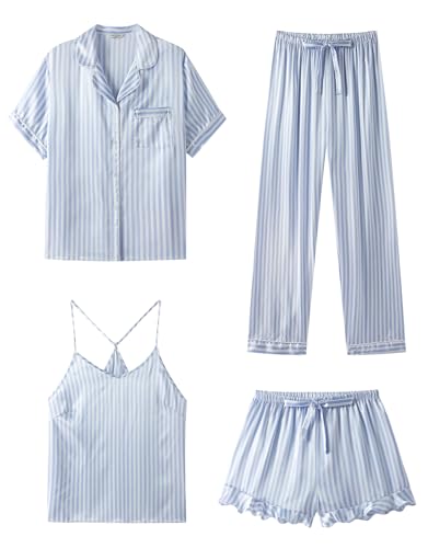 SAPJON Silk Pajamas for Women Set 4Pcs Ruffled Satin Pajamas Set Button Down Short Sleeve Cami Shorts Sleepwear Pj Set - Medium - Blue Striped