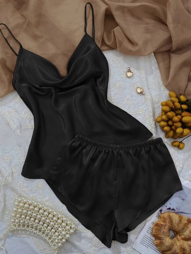 Ice Silk Women's V Neck Pajama Set - M / Black