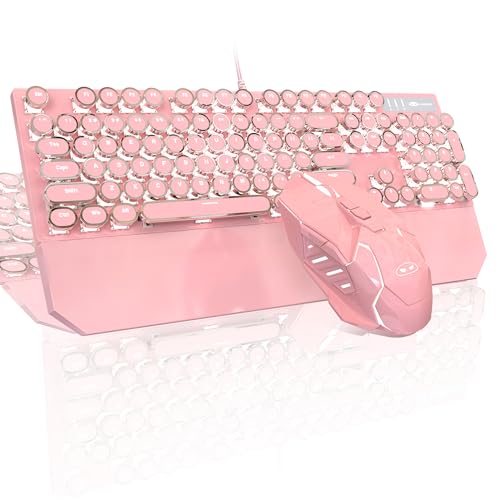 Typewriter Mechanical Gaming Keyboard and Mouse Combo, Retro Punk Round Keycaps White LED Backlit USB Wired Computer Keyboard for Game and Office, for Windows Laptop PC, Red Switches(Pink) - Pink and White