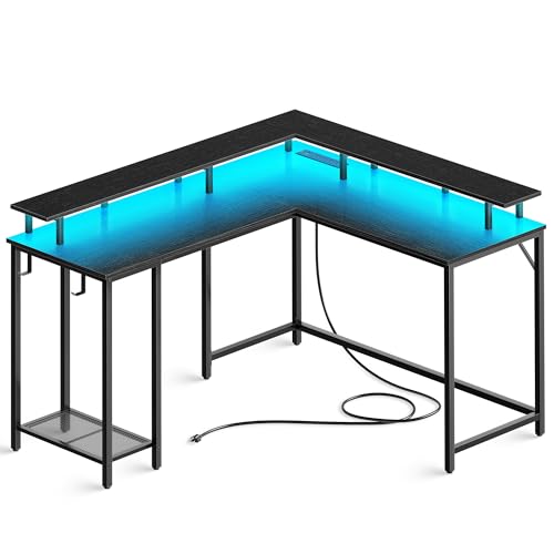 SUPERJARE L Shaped Gaming Desk with Power Outlets & LED Lights, Computer Desk with Monitor Stand & Storage Shelf, Home Office Desk Corner Desk with Hooks, Black - Black - 53 inch
