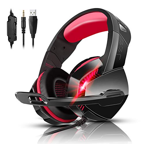 PHOINIKAS PS4 Gaming Headset with 7.1 Surround Sound, PC Headset with Noise Canceling Mic & LED Light, H3 Over Ear Headphones for Nintendo Switch, PS5, Xbox One, Laptop (Red) - Black Red