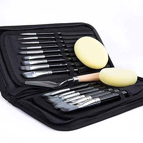 ARTIFY 15 Pieces Paint Brush Set, Intermediate Series, Includes Pop-Up Carrying Case with Palette Knife and 2 Sponges, for Acrylic, Oil, Watercolor and Gouache Painting - Black - Black