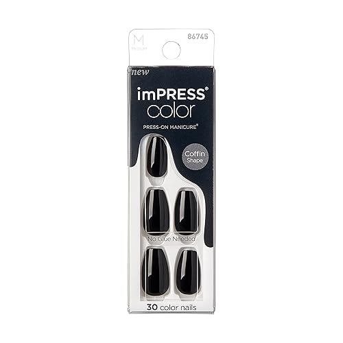 KISS imPRESS No Glue Mani Press On Nails, Color, 'All Black', Black, Medium Size, Coffin Shape, Includes 30 Nails, prep pad, mini nail file, manicure stick - All Black