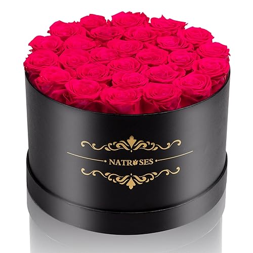 NATROSES Forever Preserved Roses in a Box, 100% Real Roses That Last Up to 3 Years, Preserved Flowers for Delivery Prime Birthday, Valentines Day Gifts for Her (Hot Pink) - 27 Hot Pink Roses